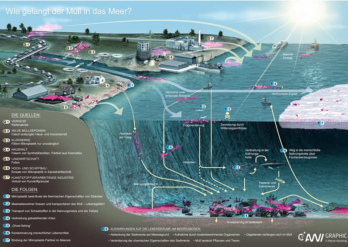 Die Quellen des Mülls im Meer und seine Folgen, dargestellt in einer detaillierten Grafik