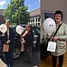 Zwei Fotos nebeneinander: links Pfarrerrin Claudia Raneberg und Teamerin Anna Kegler auf dem Kirchplatz mit Geschenktüten und Luftballons. Rechts Pfarrerin Britta Meyhoff im Gemeindehaus mit Geschenktüte und Luftballon