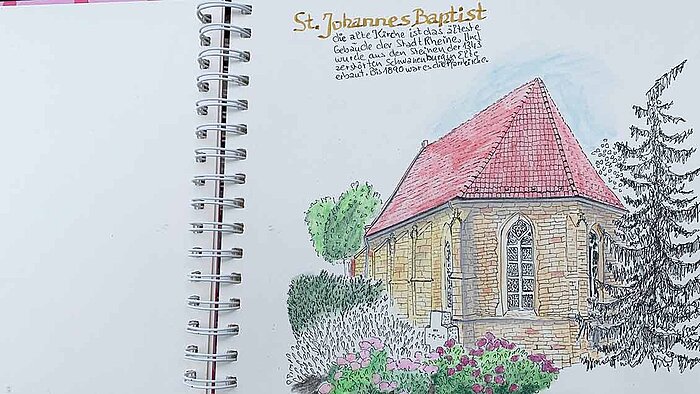 Eine Farbstift-Skizze der Alten Kirche St. Johannes-Baptist in Mesum